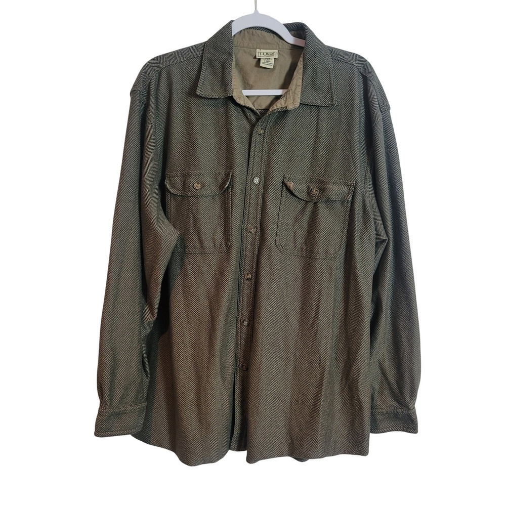 LL Bean Mens Large Herringbone Flannel Shirt Brown Cotton Button Up Country